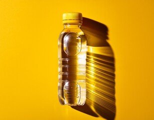a clear plastic water bottle with a yellow cap casts a shadow on a vibrant yellow background the bottle is partially full showing the water level