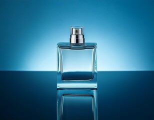 a clear square glass perfume bottle with a silver cap sits on a reflective surface against a muted blue background subtly illuminated