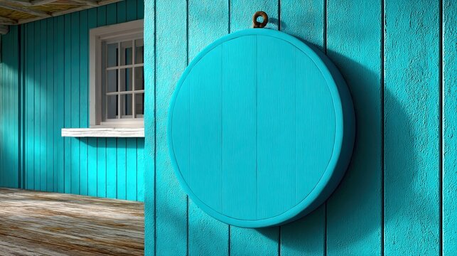 Round Blank Turquoise Wooden Sign on Vibrant Coastal Wall Mockup