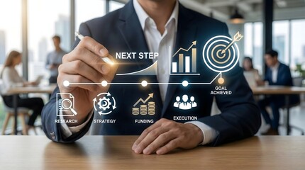 Businessman drawing business strategy flowchart on virtual screen,showing next step from research to execution,goal achievement concept
