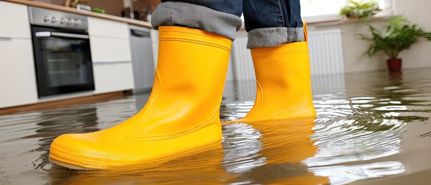 Person stands in rain boots in a kitchen with water on the floor, taken from a low angle during a flood or spill situation