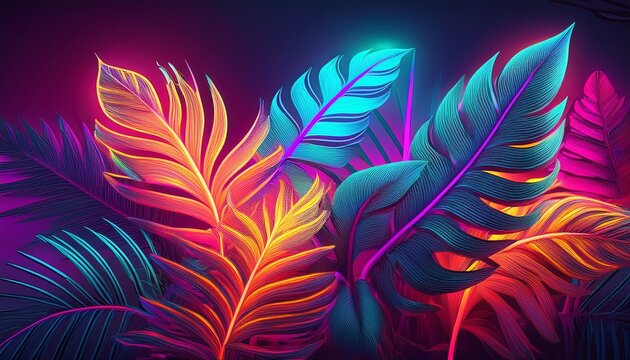 neon tropical plants with fluorescent neon lines - Powered by Adobe