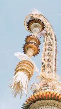 Ornate Balinese Penjor Bamboo Pole During Galungan Festival