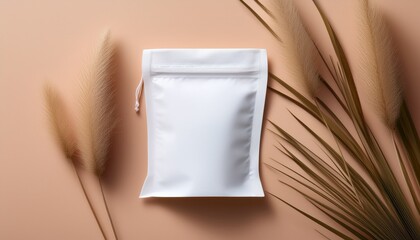 matte white pouch top down on pastel background clean product mockup photography for commercial branding