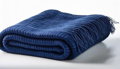 a folded navy blue wool blanket with fringe isolated on white background offering warmth and comfort for cozy evenings and adding a touch of elegance