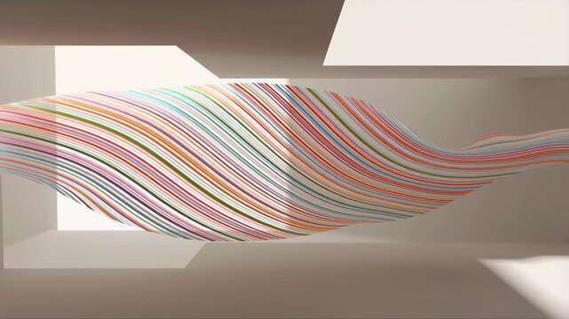 Colorful wave of lines flowing through a modern architectural space. Represents creativity, design, and artistic expression in contemporary environments