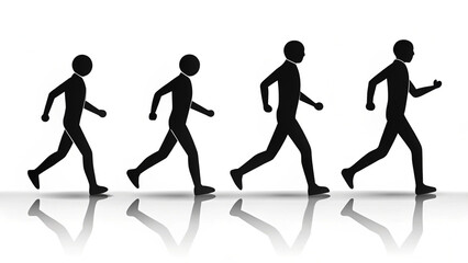 "A horizontal sequence of four minimalist black stick figure icons on a clean white background, showing a progression of human movement from left to right: standing still, walking, jogging, and sprint