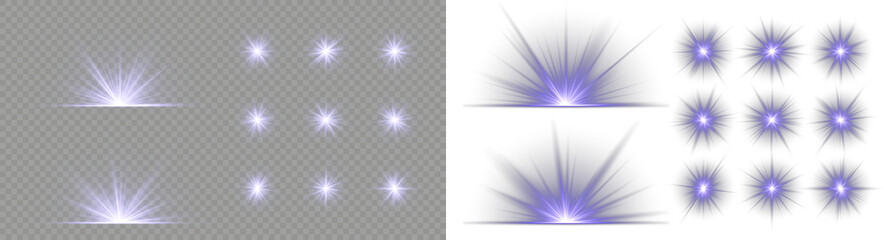 Vibrant blue sparkling light burst and starburst explosion effect. Futuristic blue light PNG with transparent highlights, glow, sun rays and bokeh sparks. Vector illustration. Luxurious design style.