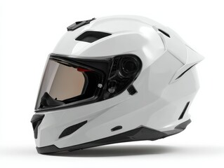 Modern minimalist motorcycle helmet design in sleek white finish, showcasing aerodynamic shape and advanced safety features, perfect for riders seeking style and protection with copy space