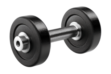 A close-up of a black dumbbell on a white background, ideal for fitness and gym-related themes, symbolizing strength and exercise.