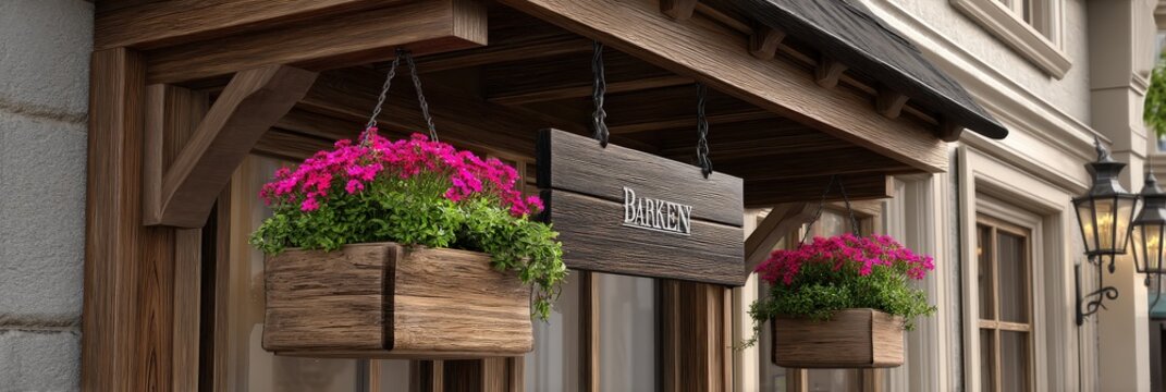 Elegant Wooden Shop Front with Hanging Pink Flowers and Barken Sign