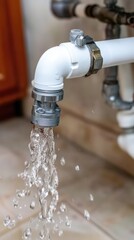 Water sprays from a plastic pipe under the bathroom sink during a high-speed capture showing droplets in motion and splashes around the pipe