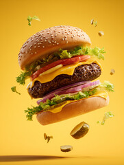 Floating Cheeseburger On Yellow Background Food Concept
