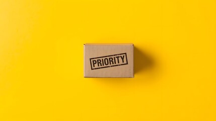 Priority Package on Yellow Surface: A minimalist image, a small brown package with the word PRIORITY stamped on it, isolated against a vibrant yellow backdrop.