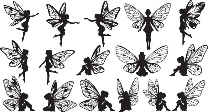 Black and white silhouette fairies with intricate wings in various poses fairy fantasy