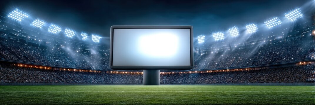 Large Blank Screen on Soccer Field in Crowded Stadium at Night