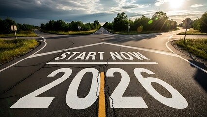A highway with the words 'Start Now 2026' painted on it, symbolizing a new beginning and a journey into the future.