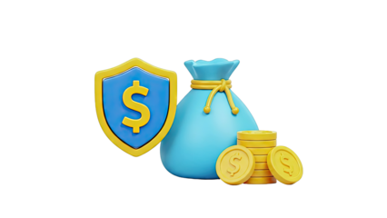 Secure Money Bag and Shield with Dollar Coins