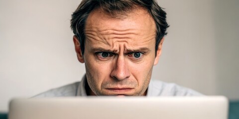 Fatigue, stress, and pressure from remote work. Man with a concerned expression looking at a laptop screen, conveying stress or focus.