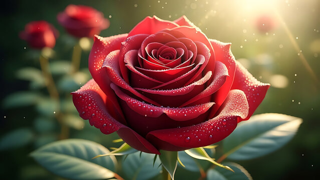 Beautiful red rose with water droplets in sunlight garden - Powered by Adobe