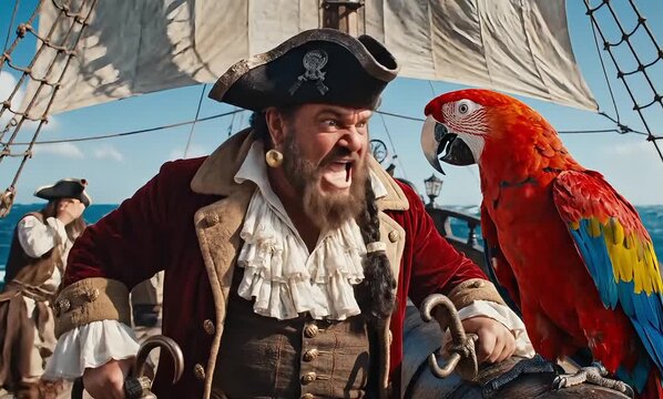 A fierce pirate captain with a large beard and a red parrot on his shoulder yells at his crew.
