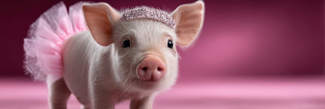 Cute Little Piglet Wearing a Pink Tutu and Glittery Tiara