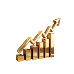 A 3D rendered business growth chart in metallic gold against a pure white background