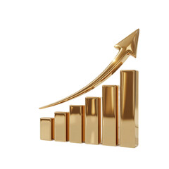 A 3D rendered business growth chart in metallic gold against a pure white background