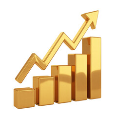 A 3D rendered business growth chart in metallic gold against a pure white background