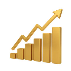 A 3D rendered business growth chart in metallic gold against a pure white background