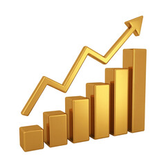 A 3D rendered business growth chart in metallic gold against a pure white background