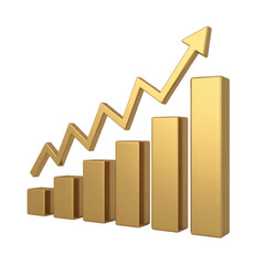 A 3D rendered business growth chart in metallic gold against a pure white background