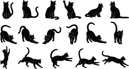 Cat silhouette collection featuring black vector designs of domestic felines sitting stretching jumping and running for pet shop and animal welfare branding. © Shefali