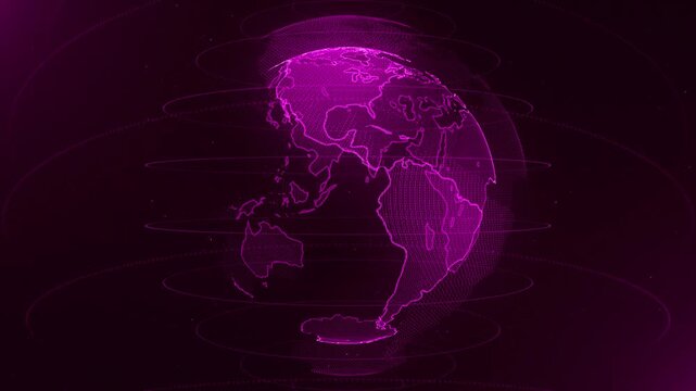 Pink digital globe technology concept background - a spinning pink holographic earth and particles animation. This global communications and connections background full HD and a seamless loop.