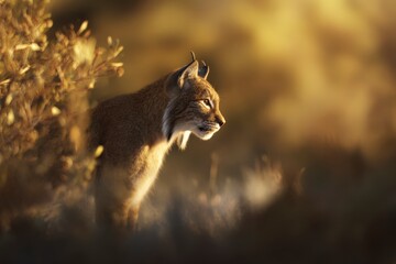 Wild lynx majestically gazes across sunlit meadow, embodying serene wildlife beauty and nature's sublime tranquility during golden hour.