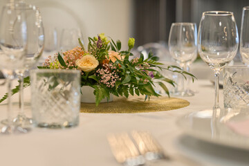 Various detail of wedding decorations, cookies, cakes, flowers and arranges