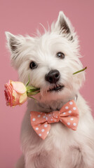 Cute white west terrier dog holding romantic pink rose flower in mouth looking adorable with polka dot bowtie on pink background
