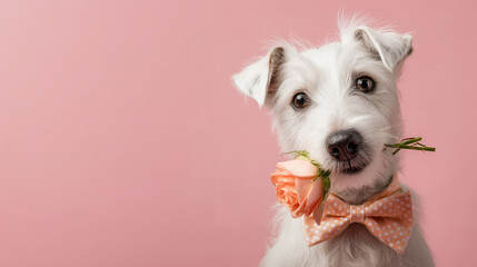 White cute terrier dog wearing peach polka dot bow tie holding orange rose flower in mouth looking funny on pink background