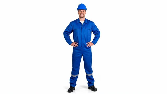 Construction Worker in Blue Coverall - A smiling construction worker stands confidently with his hands on his hips. He is wearing a blue hard hat and matching blue coveralls on a white background.