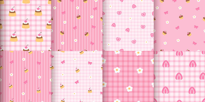 Valentine&rsquo;s Day seamless pattern set in pink tones: cupcakes, donuts, strawberries, cherries, bows, hearts and sprinkles. Romantic backgrounds for wrapping, cards, textiles and packaging in february!!