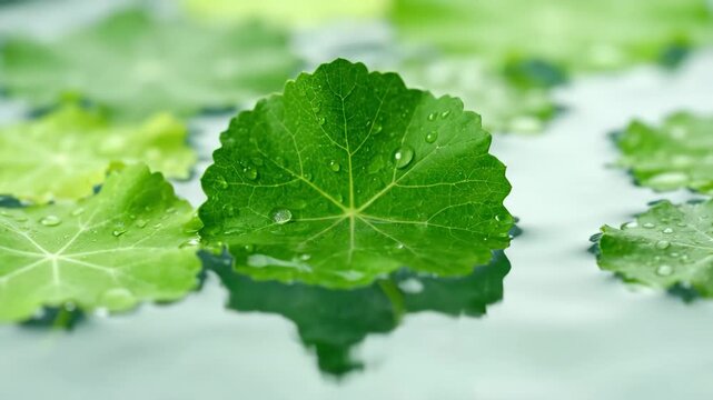 Water Pennywort with Water Droplets - This closeup shot features vibrant green water pennywort leaves floating on the surface of water, covered with tiny glistening water droplets.