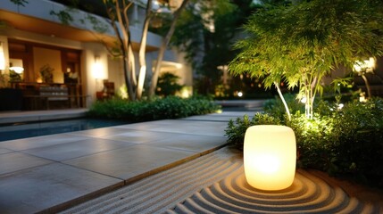 Japanese garden at night with white lanterns illuminating raked sand patterns, highlighting a minimalist and zen design in soft lighting