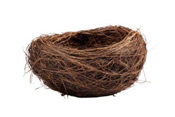 A bird's nest resting, showcasing its intricate twigs and natural materials, isolated on transparent background