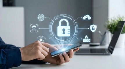 Man using smartphone with secure digital lock hologram,representing data privacy,cybersecurity,biometric authentication,and cloud protection technology