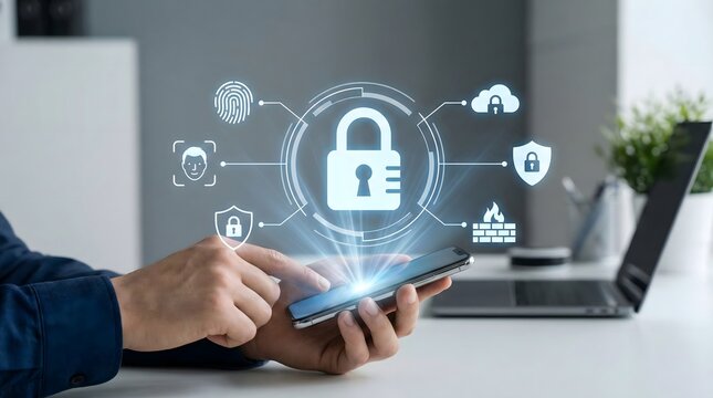 Man using smartphone with secure digital lock hologram,representing data privacy,cybersecurity,biometric authentication,and cloud protection technology - Powered by Adobe
