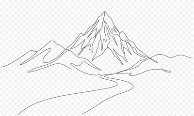 Minimalist Continuous Line Drawing of a Majestic Mountain Range and Winding Path, Simple Nature Landscape Vector Illustration for Modern Graphic Design and Adventure Branding
