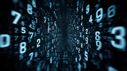 Digital blue matrix tunnel with glowing white numbers flying in cyberspace showing futuristic data flow concept of speed and mysterious technology