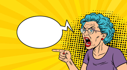 Old lady screaming with speech, pop art illustration