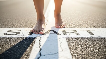 A person standing on a road with their feet on either side of a start line, ready to begin a journey or a race