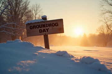 Groundhog Day sign in snowy winter landscape at sunrise with copy space